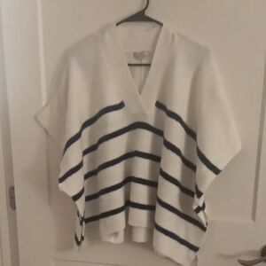 LOFT White Knit Poncho with Navy Stripes